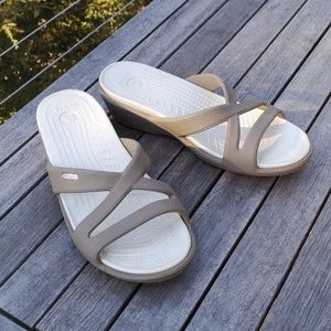 Comfort Wedge Slide Sandals in Taupe and White